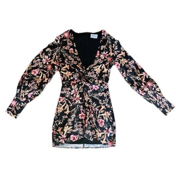 Runway The Label Mini Dress Small Black Floral Long Sleeve V Neck RNWY Aysa Club - Picture 2 of 16